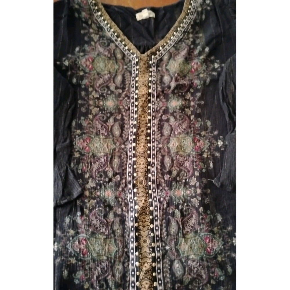 One World Women's Size 3X Black Gold Embellished V-Neck 3/4 Sleeve Lined Top